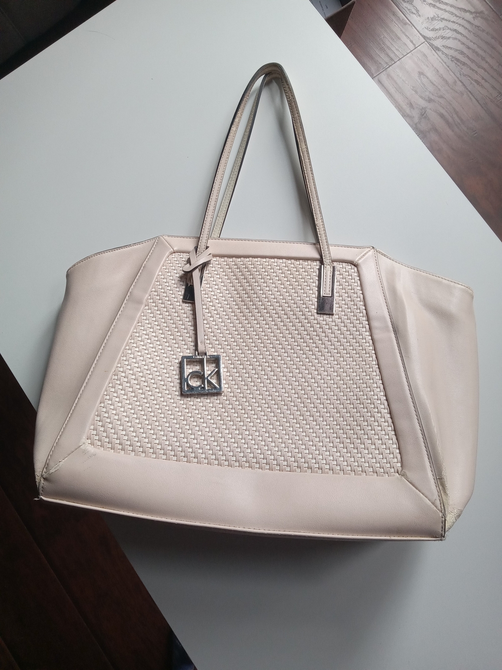 Calvin Klein Cream Woven-Panel Crossbody Tote